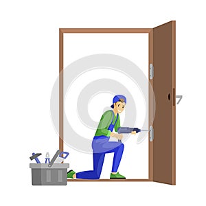 Repairman fixing door flat vector illustration. Professional workman fitting door hinge using electric drill cartoon
