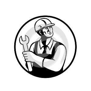 Repairman or Handyman Holding a Spanner Looking Up Circle Retro Black and White