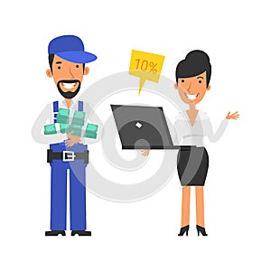 Repairman holding lot money and smiling. Business woman holding laptop and smiling. Vector characters