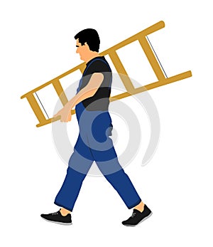 Repairman with ladders in hand vector illustration isolated on white. Handyman working. Carpenter handle renovation activity