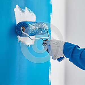 Repairman painting white wall in apartment blue using roller closeup