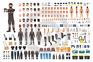 Repairman or serviceman creation kit. Bundle of male cartoon character body details, faces, gestures, clothes, working