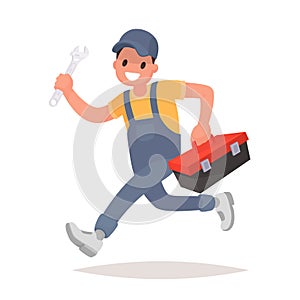 Repairman with the tools is running. Technical service. Vector illustration