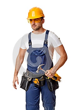 Repairman worker in yellow hard hat and uniform.