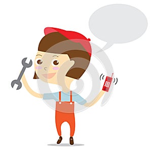 Repairwoman holding tool and telephone with bubblespeech vector