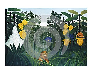 The Repast of the Lion vintage illustration wall art print and poster design remix from original artwork by Henri Rousseau photo