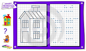 Repeat the image by example, connect the dots with straight lines and color the house. Logical puzzle game for kids.