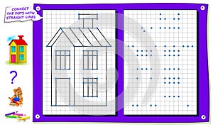 Repeat the image by example, connect the dots with straight lines and color the house. Logical puzzle game for kids. photo