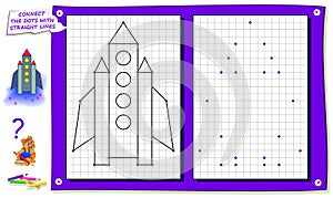 Repeat the image by example, connect dots with straight lines and draw rocket. Logic game for kids on square paper.