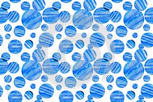 Repeat pattern of classic blue circles in random order, simple abstract watercolor geometry ornament