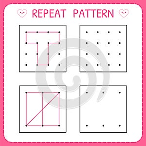 Repeat pattern. Kindergarten educational game for kids. Preschool worksheet for practicing motor skills. Working pages for