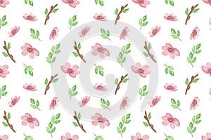 A repeat pattern of light pink cherry blossom flowers, a little tree branch and leaves on the white background, simple hand drawn