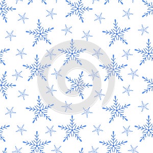 Repeat pattern of snowflakes Christmas winter holidays hand drawn symbol of end of the year family celebration, festive