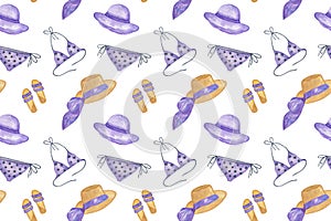 Repeat pattern of summer beach elements in violet colors hats, swim suit, flip flops, simple seamless ornament for making textile