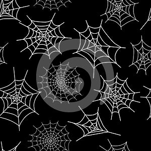 Repeat pattern vector illustration of a simple fancy Halloween spider web, different types of white webs on the black background