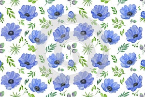 A repeat pattern of watercolor blue hand drawn anemones and green leaves on the white background, floral ornament