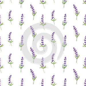 Repeat pattern of watercolor hand drawn lavender flowers and French bun croissant, simple seamless romantic ornament symbol of