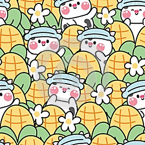 Repeat.Seamless pattern of cute cow in various poses with big corn and flower background