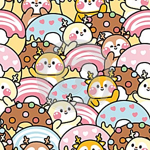 Repeat.Seamless pattern of cute deer greeting with big donut background.Wild