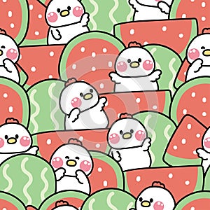 Repeat.Seamless pattern of cute hen in various poses with big watermelon fruit background