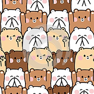 Repeat.Seamless pattern of cute teddy bear in various poses background.Wild animal cartoon hand drawn.Baby clothing.Pet shop.Zoo
