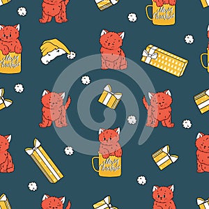 Repeat seamless pattern of red cats and kittens with different emotions and poses, christmas and birthday yellow gifts, Santa