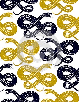 Repeat snakes seamless vector pattern, tiling endless background with venom reptiles in vintage style, subculture rock n roll and