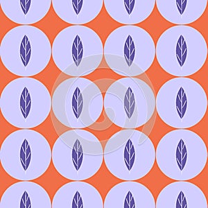 Repeat surface pattern of dark violet leaves in big light violet circles on bright orange background