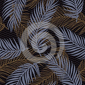 Repeat tropical palm leaves vector pattern. Botanical design over waves texture
