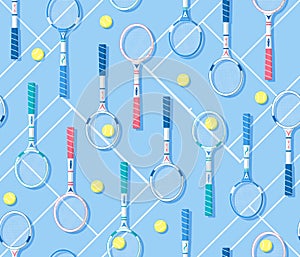 Repeat vector pattern with retro tennis rackets on blue tennis court background with yellow tennis balls. Back to school sports ve
