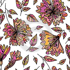 Repeatable background. Vector seamless pattern wild plants, herbs and flowers, fol artistic botanical illustration in