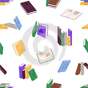 Repeatable pattern of colourful closed and open paper books. Endless backdrop with stacks of novels. Textbooks to read