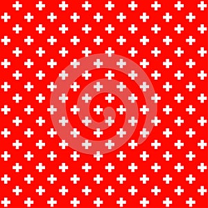 Repeatable white cross sign, mark over red for medical, healthcare background, illustration. Red plus sign seamless pattern