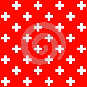 Repeatable white cross sign, mark over red for medical, healthcare background, illustration. Red plus sign seamless pattern