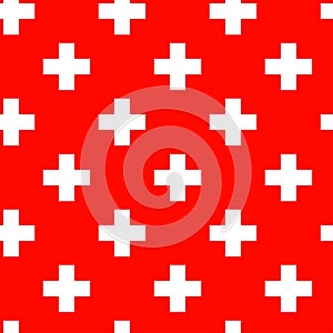 Repeatable white cross sign, mark over red for medical, healthcare background, illustration. Red plus sign seamless pattern