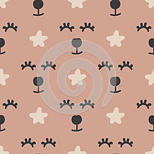 Repeated abstract animal`s faces and stars. Funny seamless pattern for children.