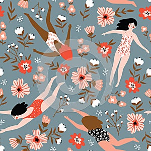 Repeated background with figures of young girls in swimsuits of different nationalities. Vector illustration.