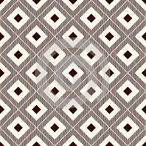 Repeated brown diamonds and hatch lines. Ikat wallpaper. Seamless surface pattern with native design. Ethnic ornament