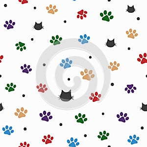 Repeated cat heads, colorful paw prints and round dots. Cute seamless pattern.