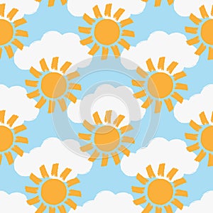 Repeated clouds and suns painted with a rough brush. Colour seamless pattern.