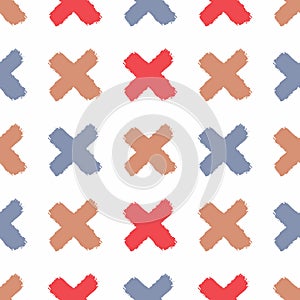 Repeated colored crosses drawn by hand with rough brush. Seamless pattern for children.