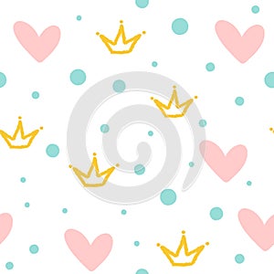 Repeated crowns, hearts and round dots. Cute seamless pattern. Drawn by hand.