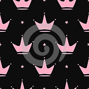 Repeated crowns and stars. Girly seamless pattern.