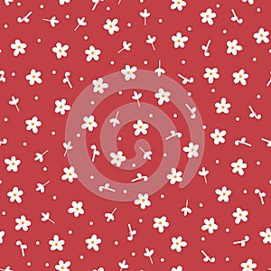 Repeated cute daisies and round dots. Floral seamless pattern. Drawn by hand.