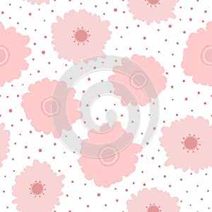 Repeated cute flowers and irregular polka dots drawn by hand. Floral seamless pattern.