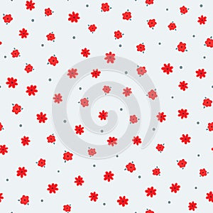 Repeated cute flowers with leaves and round dots. Floral seamless pattern.