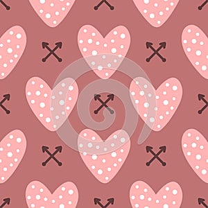 Repeated cute hearts and crossed arrows. Romantic seamless pattern.