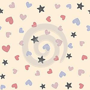 Repeated cute hearts and stars drawn by hand. Romantic seamless pattern.