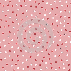 Repeated cute small flowers and hearts. Floral seamless pattern.