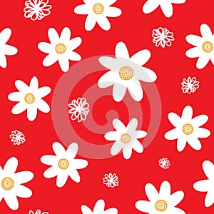 Repeated daisies and outlines of abstract flowers drawn by hand. Simple floral seamless pattern. Endless feminine print.